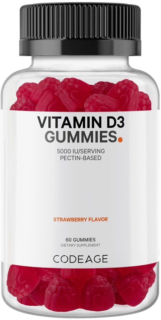 Codeage Vitamin D3 Gummy Vitamins, Vitamin D3 5000 IU Gummies Cholecalciferol 125 mcg - 2-Month Supply - Soft Pectin-Based, Animal Gelatin-Free Vitamins Gummy, Strawberry, Gluten-Free - 60 Gummies