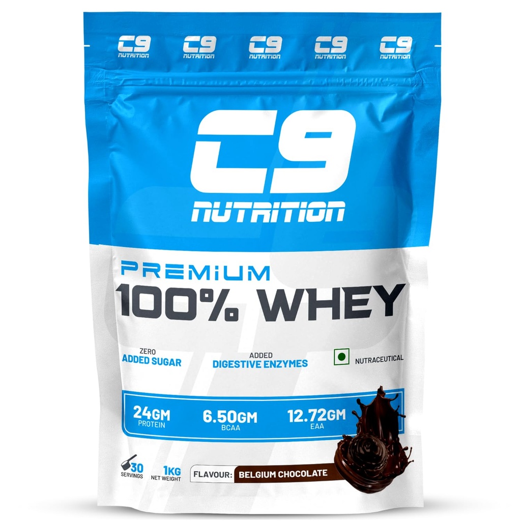 C9 NUTRITION 100% Whey Protein 1kg, 30 Serving | 24gm Protein | 6.50gm BCAA | 12.72 gm EAA | 0 Sugar | Gluten Free | ISO9001 Certified | GMP Certified | Lab Tested (1 KG, Belgium Chocolate)