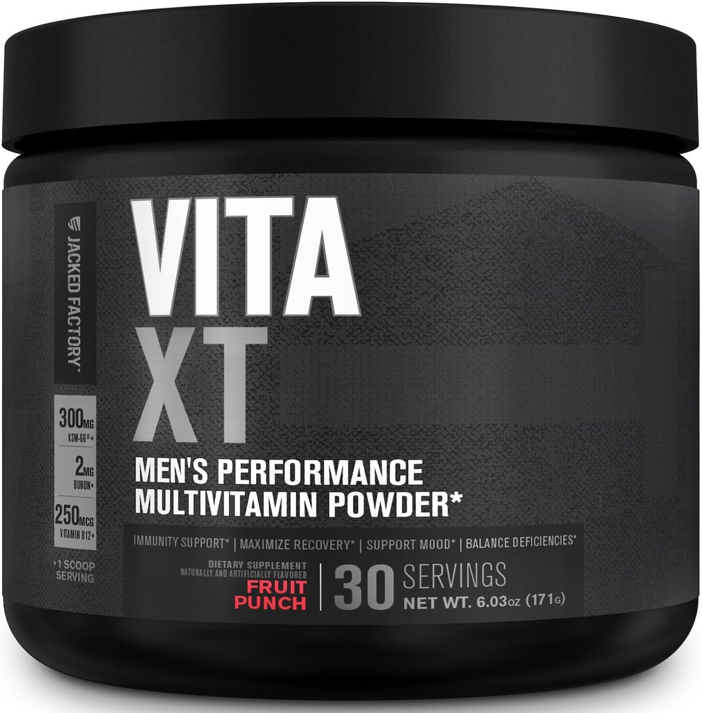 Jacked Factory Vita XT Performance Vitamīnu pulveris - Dienas multivitamīnu pulveris vīriešiem ar KSM-66 Ashwagandha, Prebiotic Fiber, vitamīns A, C, D, K, B6, B12, & More - augļu puns, 30Sv
