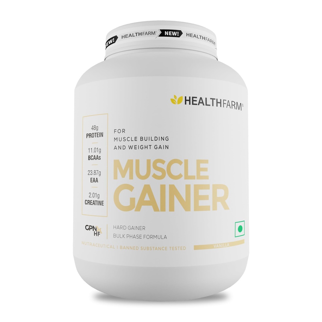 Healthfarm Muscle Gainer with High Protein and Carbs | Helps Gain Muscle Mass & Body Weight (Vanilla, 3kg-6.6 lbs)