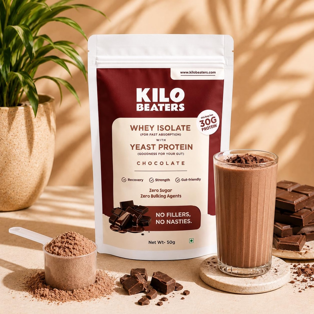 KiloBeaters Whey Isolate + Yeast Protein Powder, Chocolate, 4 x 50g Packs