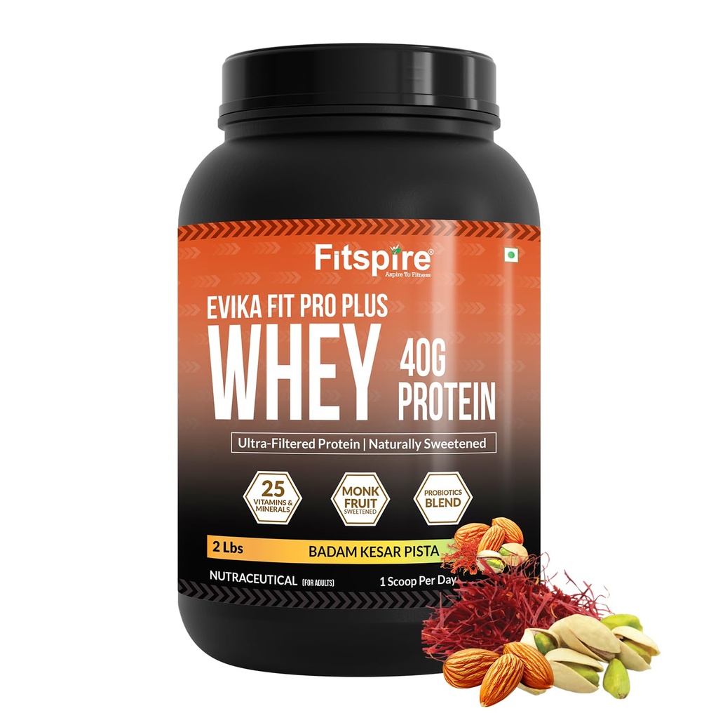 Fitspire EVIKA Fit Pro Plus Whey Protein - Badam Kesar Pista - Muscle Growth and Recovery with Probiotics Enzymes and Vitamins - No Added Sugar - Gut Friendly - Daily Nutrition Support - 2lbs 40g Protein per 100g