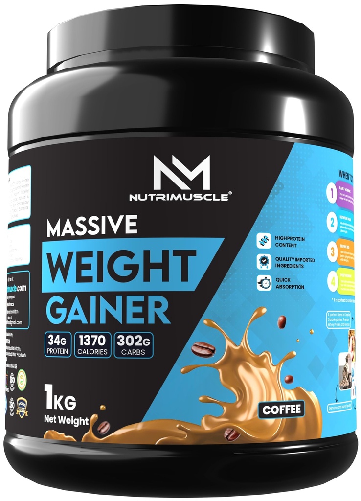Nutrimuscle Massive Weight Gainer Powder – 1 Kg | Coffee Flavour | Complex Carbs & Protein Blend for Healthy Weight & Muscle Mass Gain | Men & Women