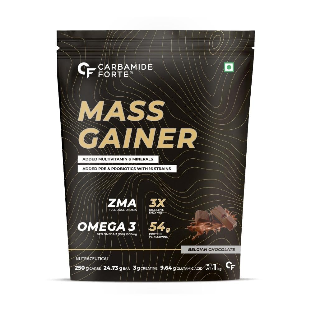 Carbamide Forte Mass Gainer with 54g Protein, Weight Gainer For Men | Muscle Gainer - 250g Carbs, Mass Gainer Protein, Multivitamin, ZMA & Creatine 3g - Belgian Chocolate Flavour 1kg