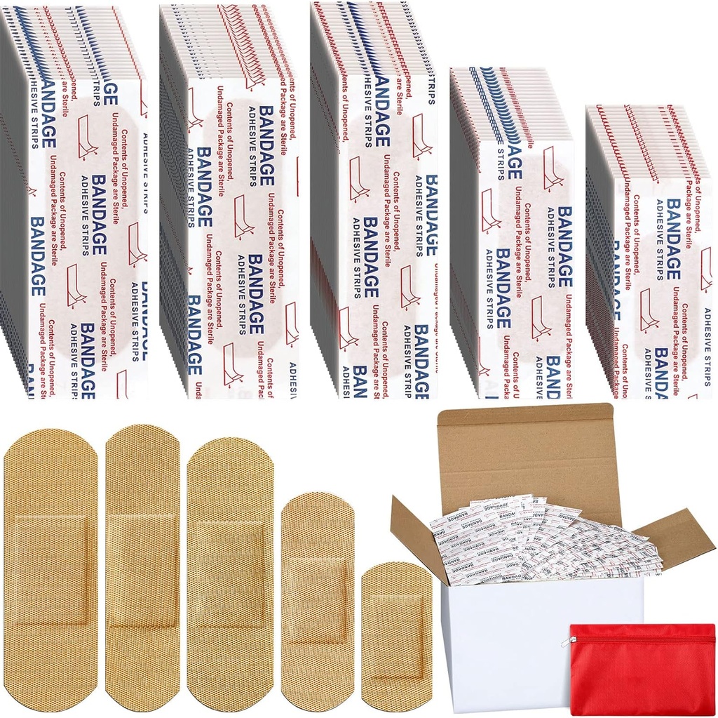 Lounsweer 2000 Pcs Fabric Adhesive saites Šķirnes Iepakojums Bulk Izmēri Elastīgs Elastīgs Elastīgs Patch auduma saites ģimenes pirmās palīdzības ādas Wrap Finger Wound, Natural