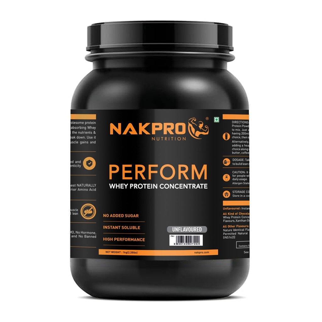 NAKPRO NUTRITION Perform Whey Protein Concentrate | 1kg Unflavoured- Jar| 26g protein, Trustified Certified