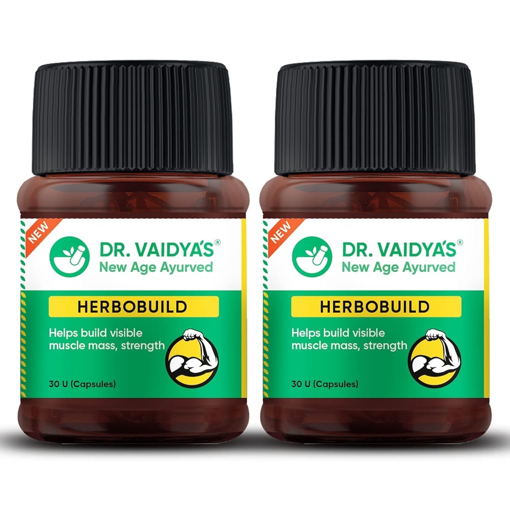 Dr. Vaidya’s Herbobuild Mass Gainer for Men | Ayurvedic Weight Gainer Capsules for Muscle Gain, Strength & Stamina | Safe & Natural Mass Gainer for Men - 30 Capsules (Pack of 2)
