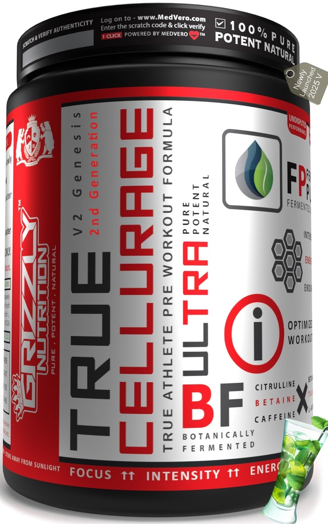 Grizzly Nutrition, True Cellurage, Pre Workout (160 grams Powder, Caribbean Fresh Lime, upto 65 Servings) citrulline, beta alanine, caffeine +13 performance boosters