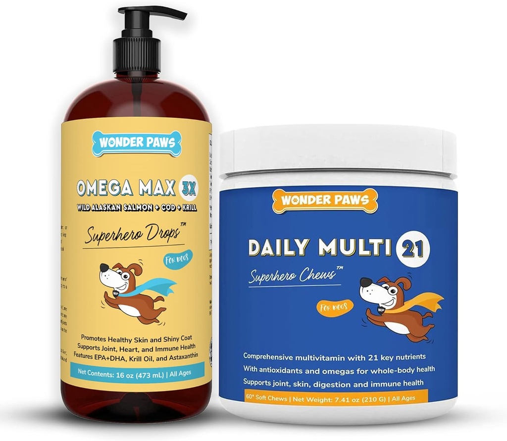 WONDER PAWS Omega Max Fish Oil Plus Daily Multivitaminski žveči - za zdravje psa, kožo Vlaga, Imunski sistem Podpora & Dnevni Wellness - Omega Max 16 Ounce - Multivitaminski 60 Chews