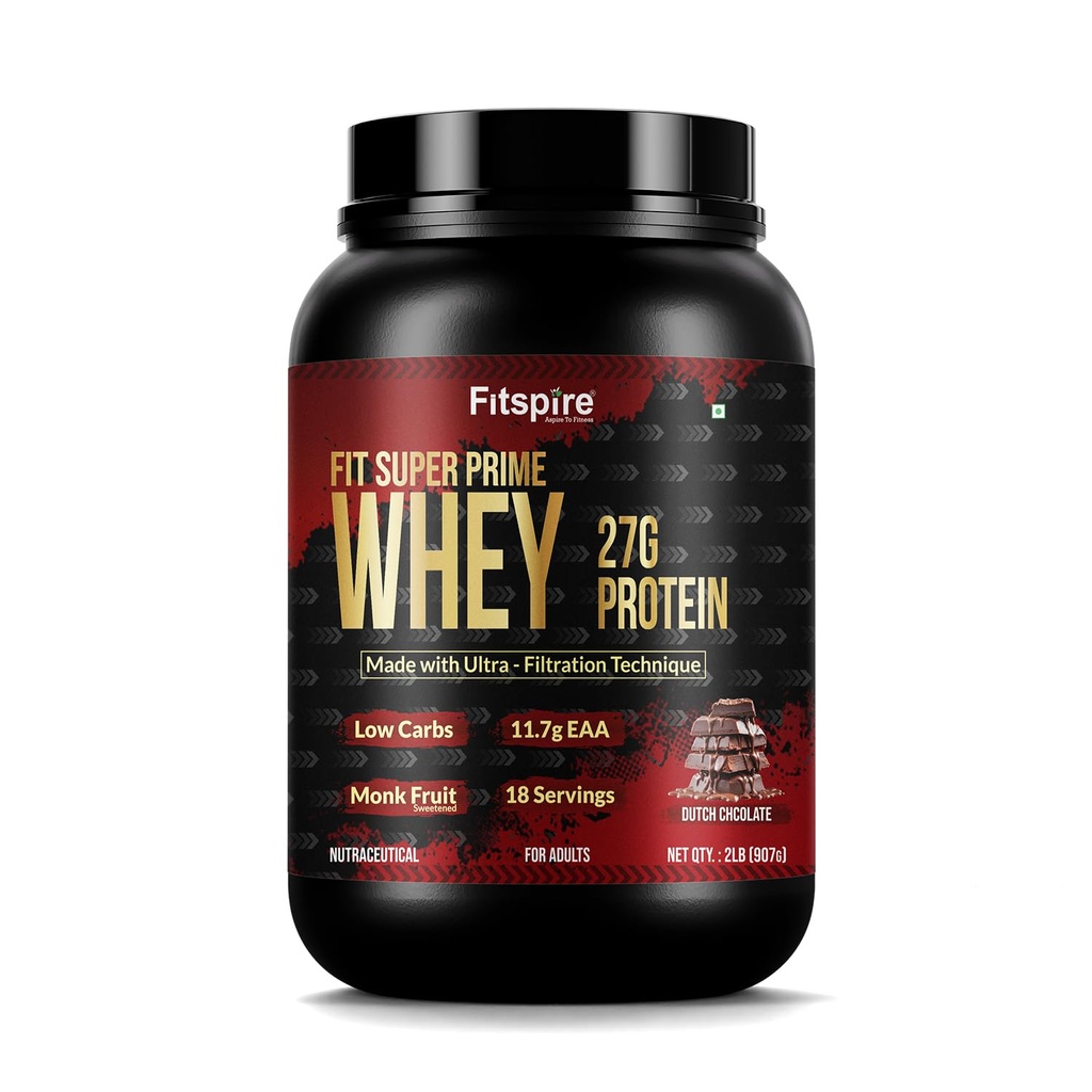 Fitspire Fit Super Prime Whey Protein Powder, Dutch Chocolate Flavour, 2 lbs - Whey Concentrate Isolate and Peptides Blend - 27g Protein Per Serving - With Digestive Enzymes and Probiotics - Monk Fruit Sweetend - Supports Muscle Growth & Recovery