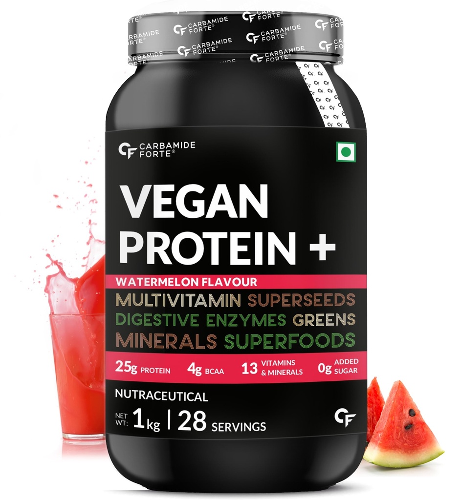 Carbamide Forte Vegan Protein Powder - Plant Based Pea Protein Powder with Multivitamin, Minerals, Superfoods, Digestive Enzymes - Watermelon Flavour - 1Kg