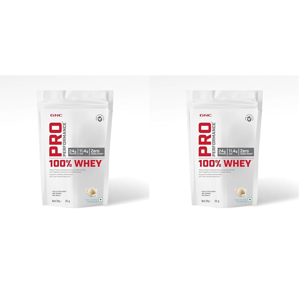 GNC Pro Performance 100% Whey Protein Powder | 35 Gm | 1 Serving | Boosts Strength & Endurance | Builds Lean Muscles | Fastens Muscle Recovery | 24g Protein | 5.5g BCAA | Vanilla Cream (Pack of 2)