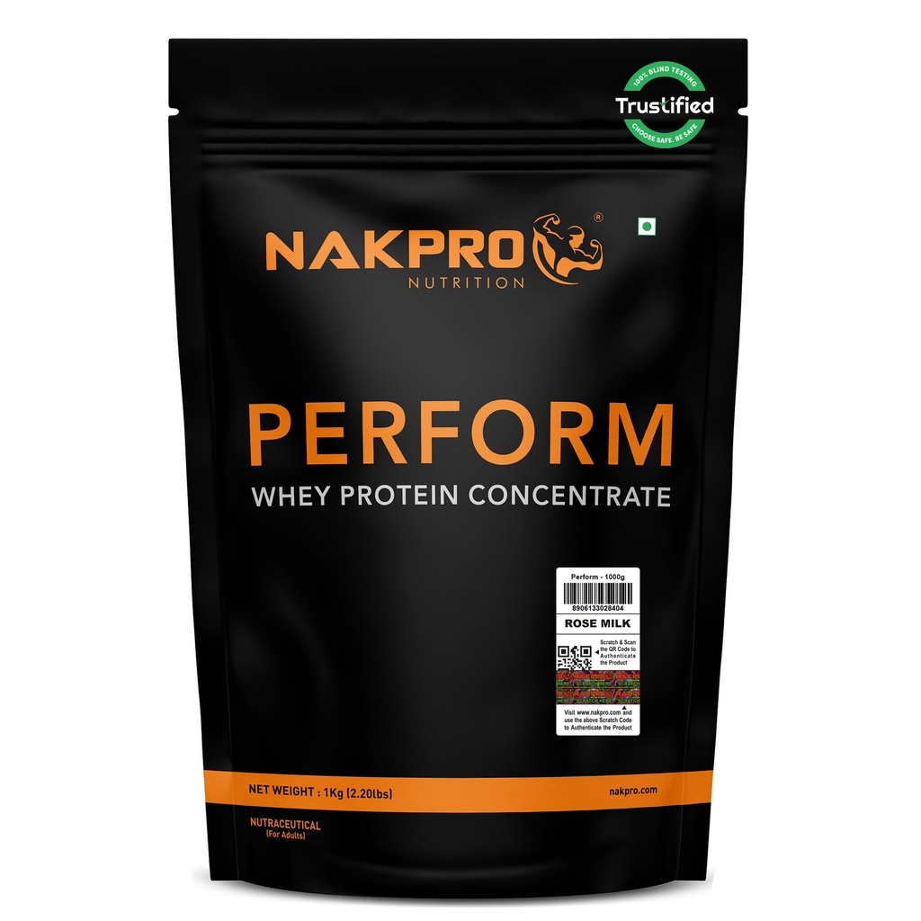 NAKPRO NUTRITION Perform Whey Protein Concentrate | 1kg RoseMilk | 24g Protein | Trustified Certified