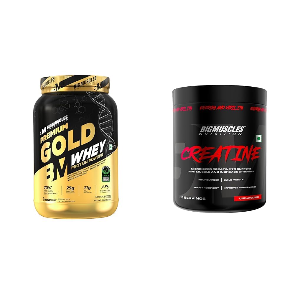 Bigmuscles Nutrition Premium Gold Whey 1Kilogram Chocolate + Creatine Powder [100 g, 33 Servings]