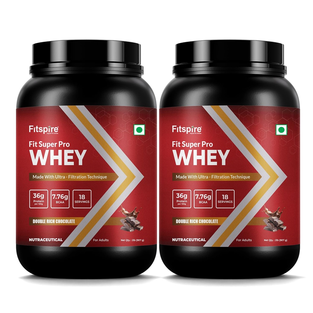 Fitspire Fit Super Pro Whey Protein, Double Rich Chocolate, 4 lbs (2 x 2 lbs) - Whey Isolate and Concentrate, 36g Protein per 100 g, Enzymes Probiotics for Digestion, Muscle Growth, Recovery, No Added Sugar