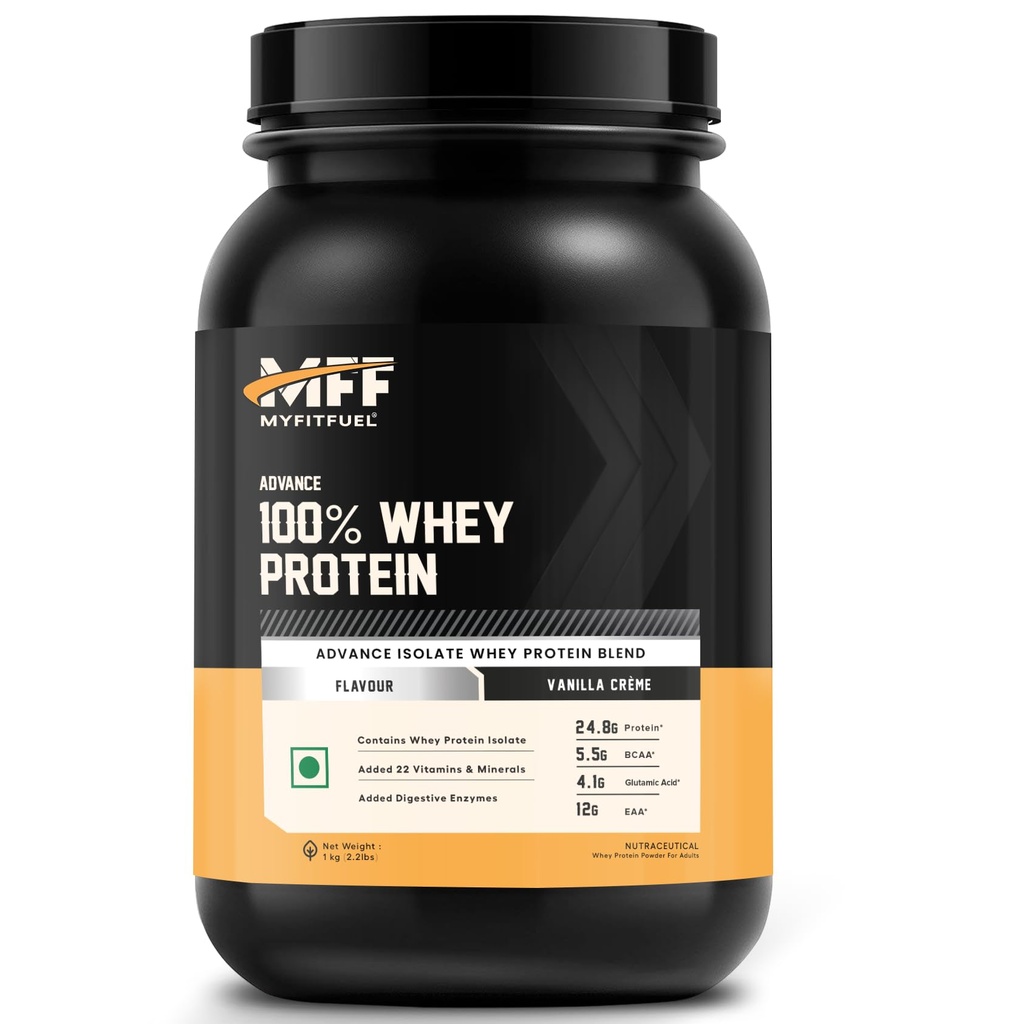 MyFitFuel Advance MFF 100% Whey Protein Powder, Whey With Digestive Enzymes and Multi Vitamins | 1 Kg, 28 Servings (Vanilla Creme)