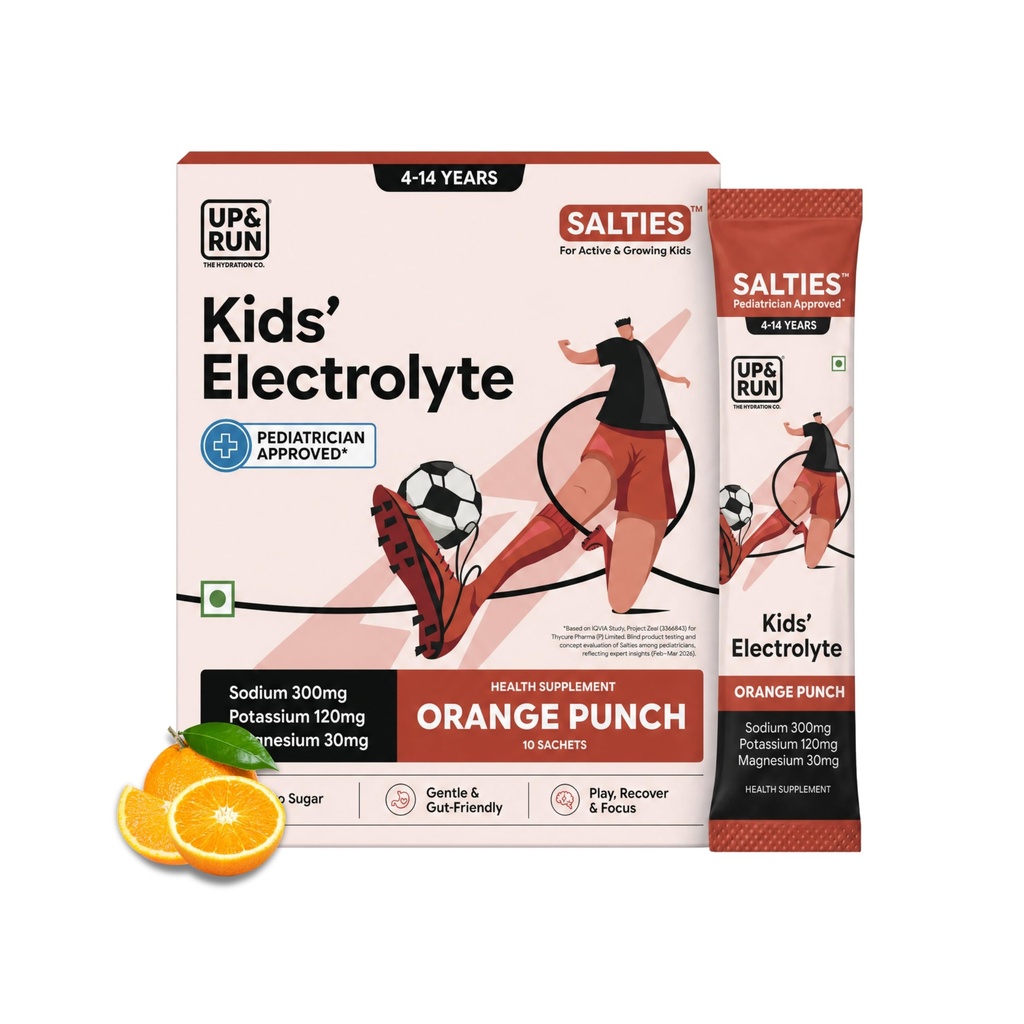 UP&RUN SALTIES | Electrolyte Powder for Active Kids (Ages 4-14) | Pediatrician Approved | Sugar-Free | Orange Punch | 10 Sachets