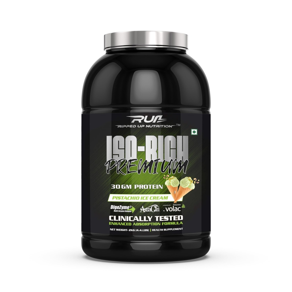 Ripped Up Nutrition ISO-RIch Premium | 100% Isolate with added AstraGin® | 30g Protein | Fast amino acid absorption | Zero Bloating (2kg (4.4LBS), Pistachio)