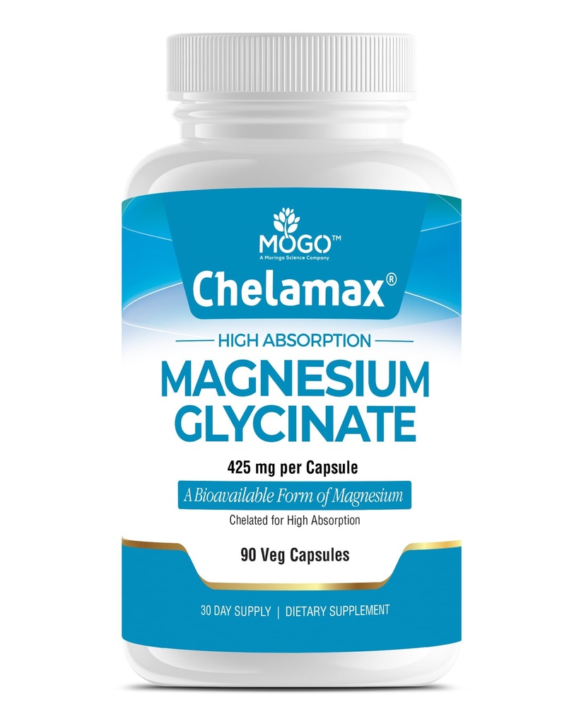 Chelamax Magnesium Glycinate 425mg. High‑Absorption, Chelated Magnesium Glycinate from Dead Sea Gentle on Stomach, Supports Sleep, Muscle & Bone Health.Made in USA, Third‑Party Tested, 90 Capsules.