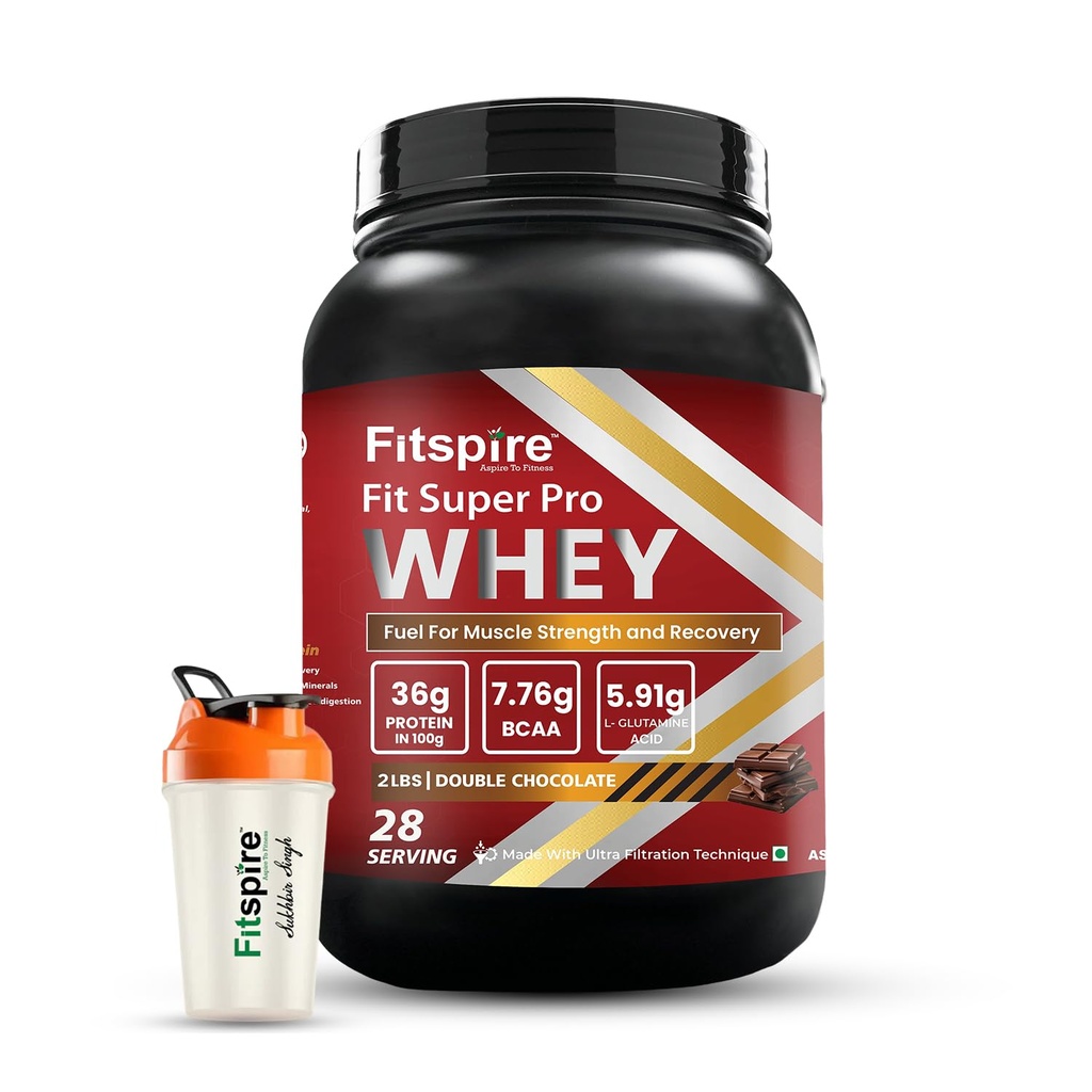 Fitspire Fit Super Pro Whey Protein Powder with Shaker- Double Chocolate- 2 lbs- Whey Isolate and Concentrate Blend High Protein with Enzymes and Probiotics for Digestion- Muscle Growth