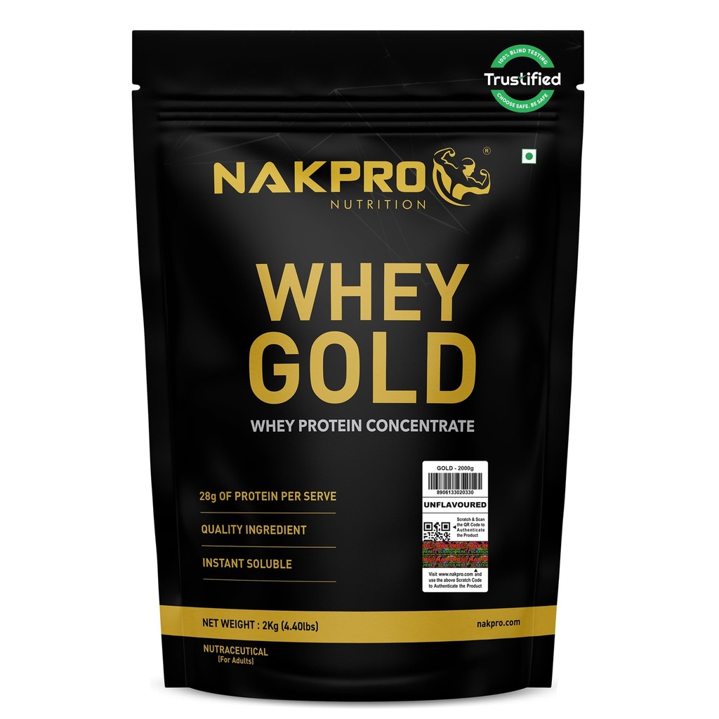 NAKPRO NUTRITION Gold Whey Protein Concentrate | 2kg Unflavoured | 28g Protein | Trustified Certified