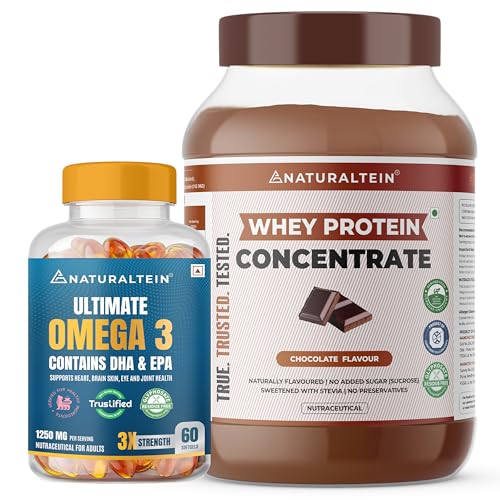 Naturaltein Whey Protein Chocolate 1kg + Omega-3 Fish Oil 1250mg (60 Softgels) | 24g Protein | Triple Strength EPA DHA | No Added Sugar | Muscle Recovery, Heart & Joint Support
