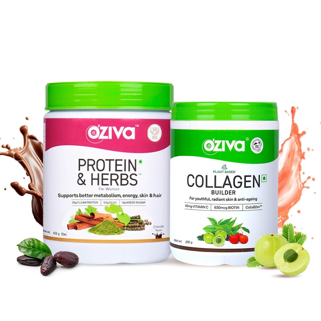 OZiva Protein & Herbs for Women, Green Tea, Tangy Amla & Chocolate, 453g