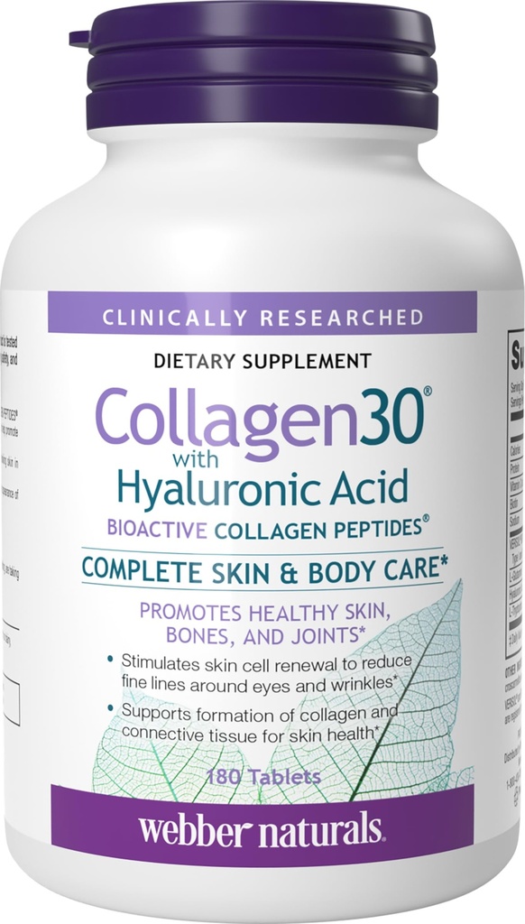 Webber Naturals Collagen 30 with Hyaluronic Acid, Biotin, L Glutamine, L Trytophan, Vitamin C, Bioactive Collagen Peptides, 180 Tablets, Helps Reduce Eye Wrinkles and Fine Facial Line, Non GMO