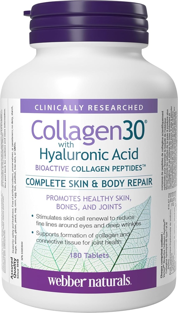 Webber Naturals Collagen30 עם Hyaluronic Acid, Bioactive Collagen Peptides, 180 טבליות, מסייע להפחית את rinkles העין ואת קו הפנים יפה, לא GMO
