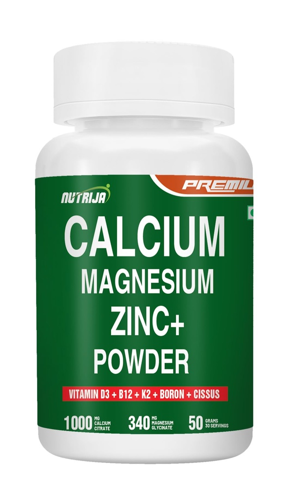 NutriJa Premium Calcium Magnesium Zinc Powder with Vitamin D3, B12, K2, Boron and Cissus, Vegan Formula, 50g, 30 Servings