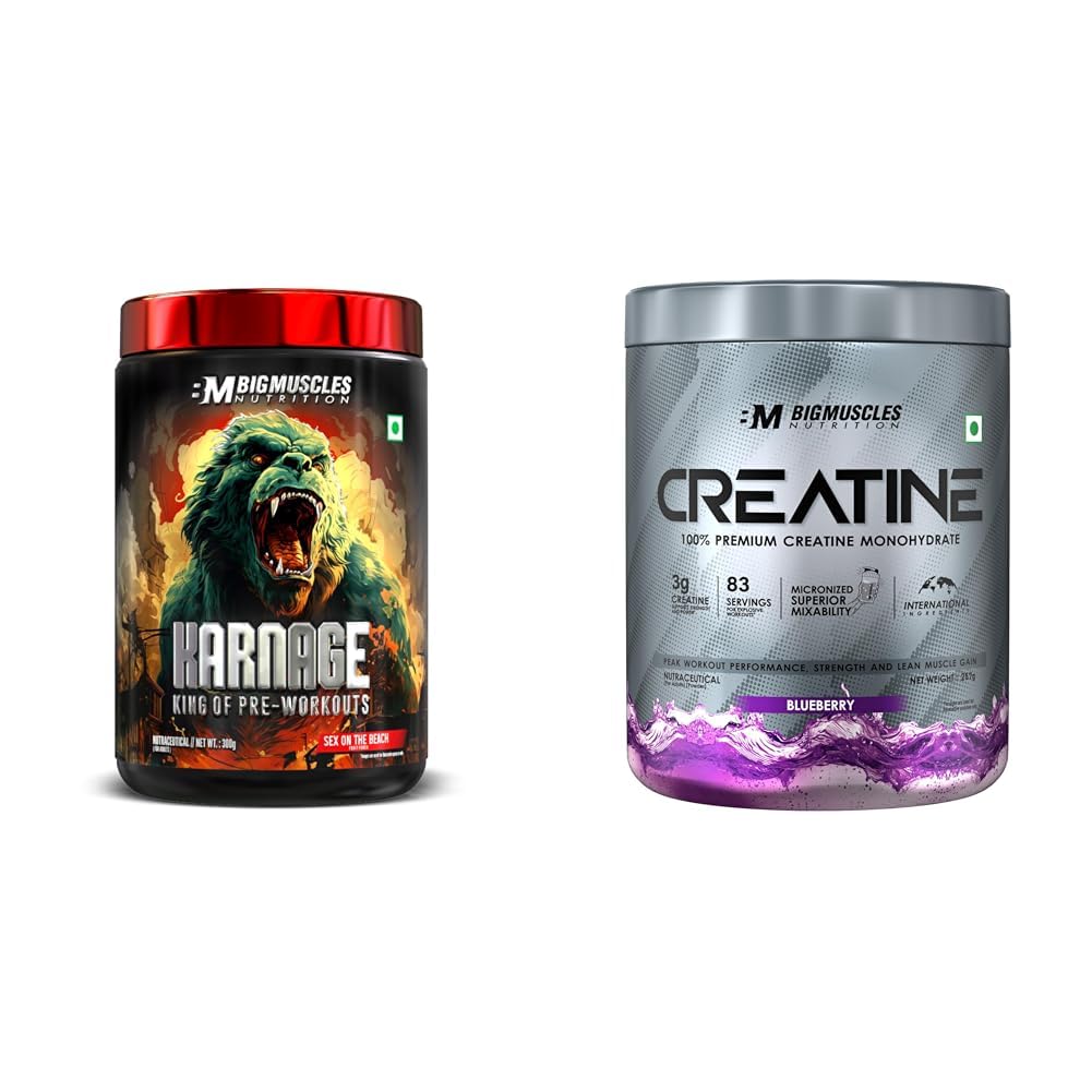 Bigmuscles Nutrition Karnage Pre workout (60 Servings, Sex On the Beach) | Pre-workout Supplement | Bigmuscles Nutrition Creatine [257 G,83 Servings]|Blueberry|Micronized Creatine Monohydrate To Sup