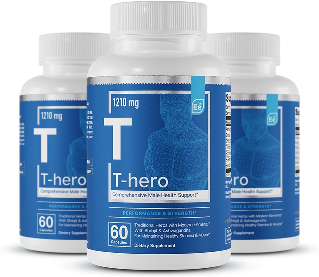 Essential Elements Male Health Supplement - Muskelunterstützung & T-Gesundheit mit DIM, Ashwagandha, Shilajit, Mehr | T-Hero 60 Vegan Kapseln (3-Pack)