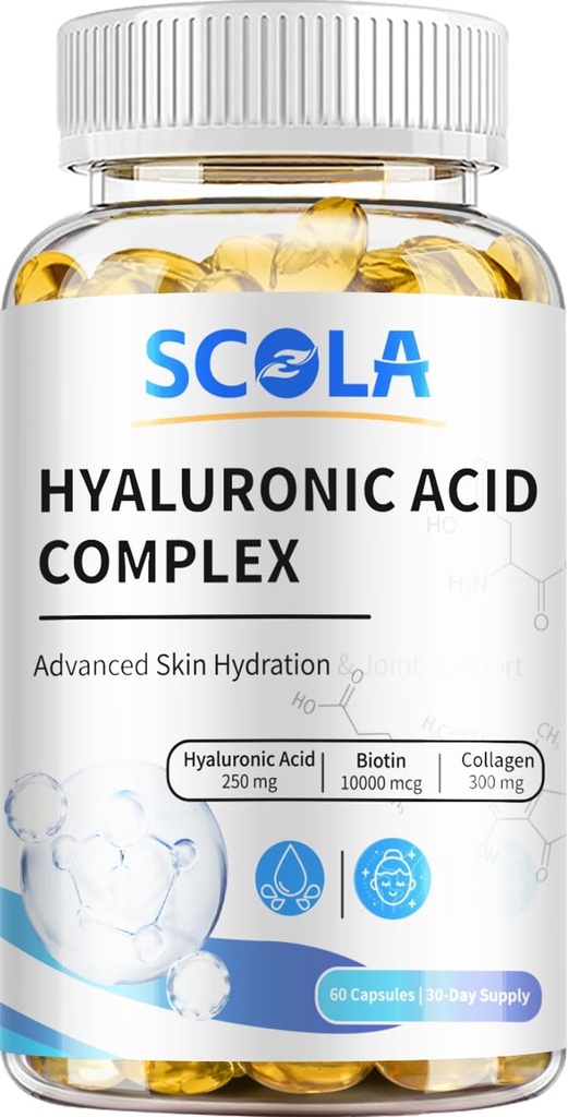 SCOLA Hyaluronic Acids Capsules - 250mg HA + 10,000mcg Biotin, 60 Vegan Capsules 12.4; Deep Hidration, Hair & Nail Dukung 124; Non-GMO Formula