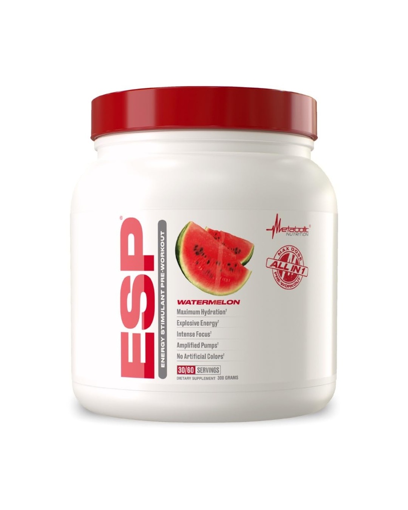Metabolic Nutrition - ESP - Stimulating Pre Workout, Pre Intra Workout Supplement, Energy & Endurance Stimulating, Natural, Safe & Mental Focus, Watermelon 300 Grams (90 Servings)
