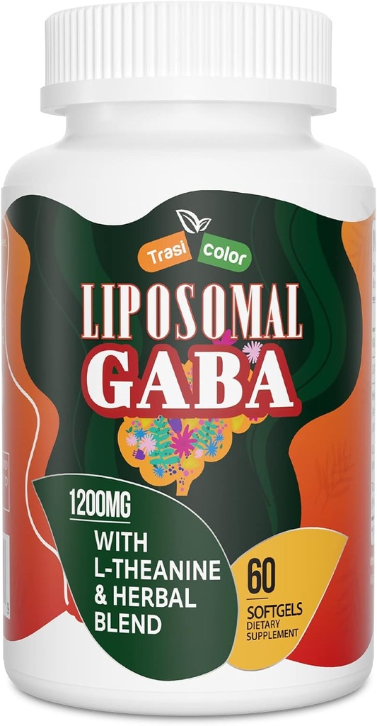 GABA liposómico con suplementos de L-teanina 1200mg - Complexo GABA de alta absorción con Ashwagandha, Chamomile, suplementos de herba de tart para homes e mulleres, 60 Softgels