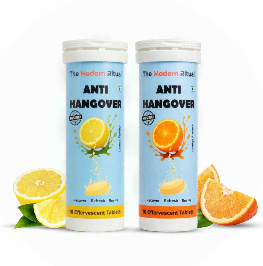 Anti-Hangover Effervescent Tablets | Instant Hangover Relief, Hydration & Energy Booster | Liver Support Formula | Zero Sugar | Vegan | Lemon & Orange Flavour - Pack of 2