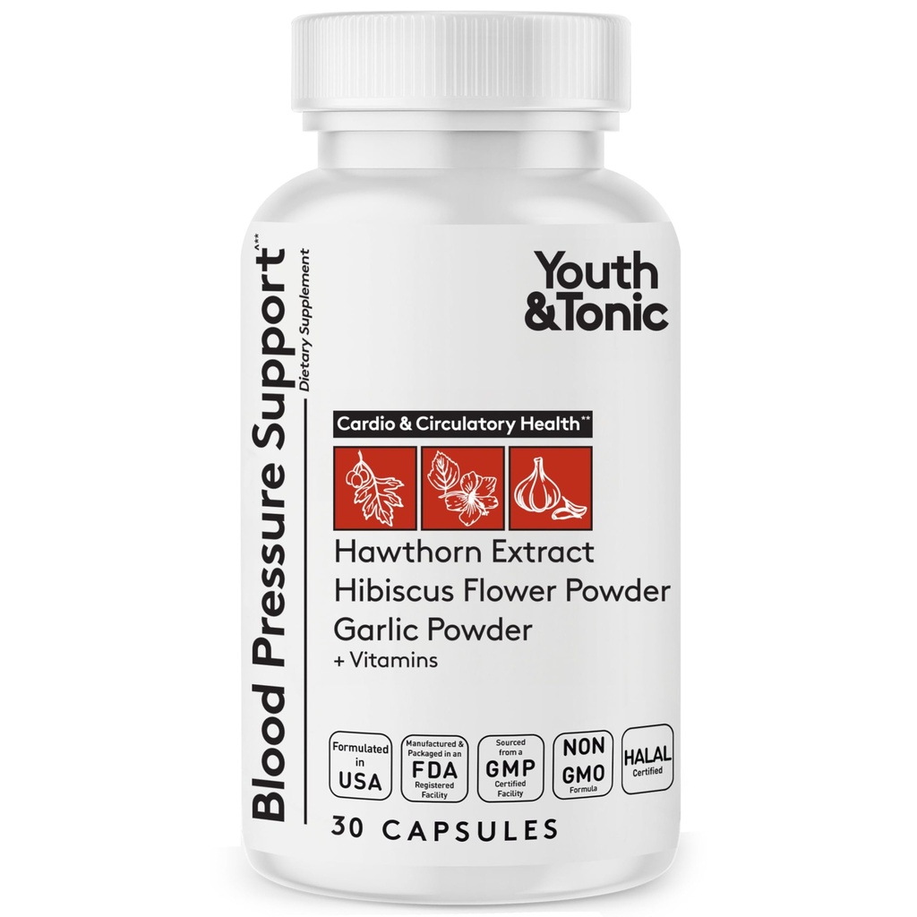 Youth & Tonic Natural Blood Pressure Support Supplement w/Hawthorn Hibiscus & High Potency Diuretic Herbs & Vitamins for Water Retention | 30 BP Capsules to Maintain a Good Health | Women & Men