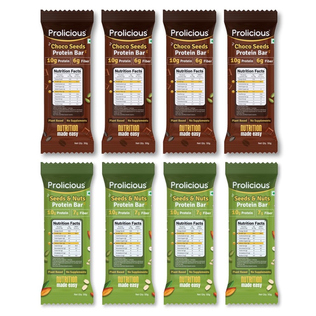 Prolicious Healthy Protein Bar | 10g Protein & 5g Fibre Per Pack | Vegan | No Maida | No Palm Oil | No Isolates | 50g (Pack of 8) | Seeds & Nuts And Choco Seeds