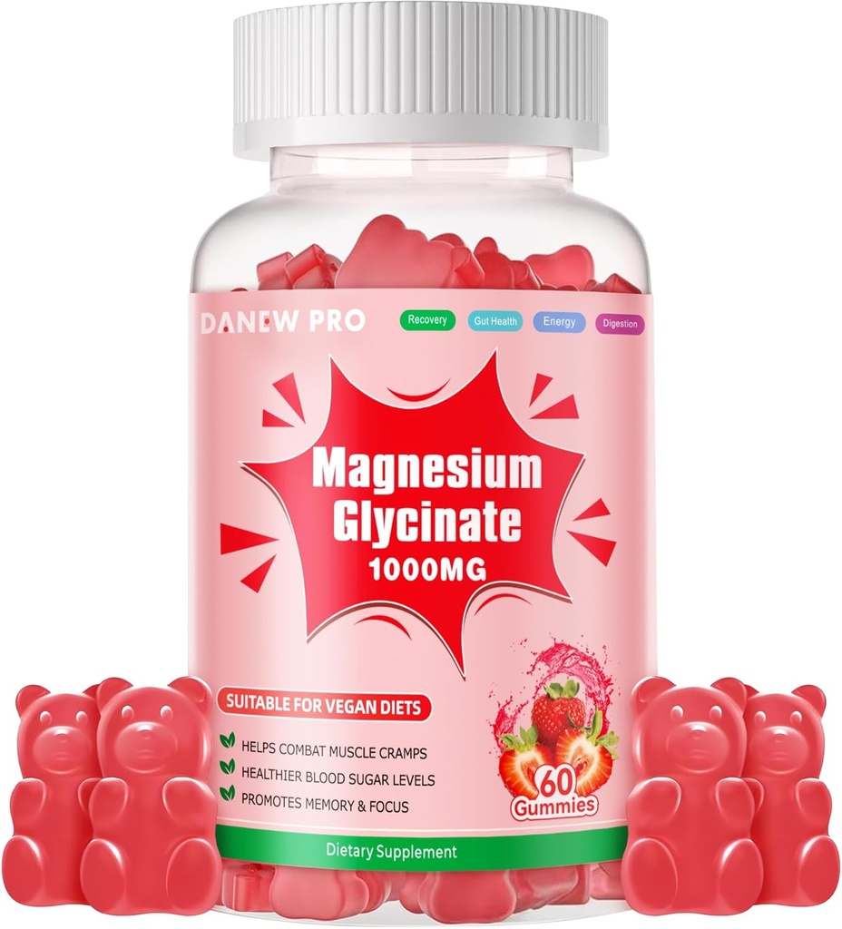 Magnio glicinatas Gummies 1000mg - Cukraus nemokamai magnio kalio papildas su vitaminu D, B6, CoQ10 už Calm Mood & Miego palaikymo - 60 braškių gummies