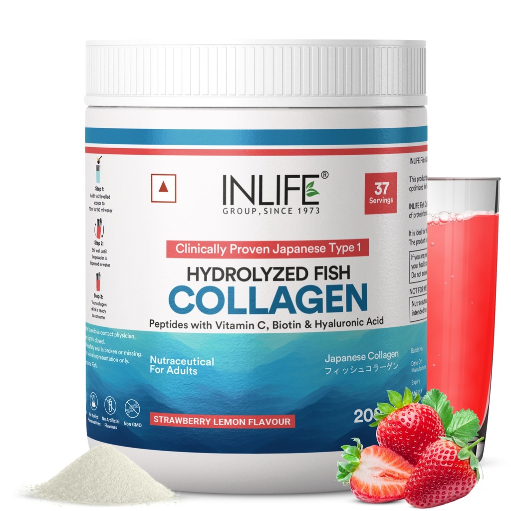 INLIFE Strawberry Wellnex Japanese Marine Fish Collagen Powder, 200g