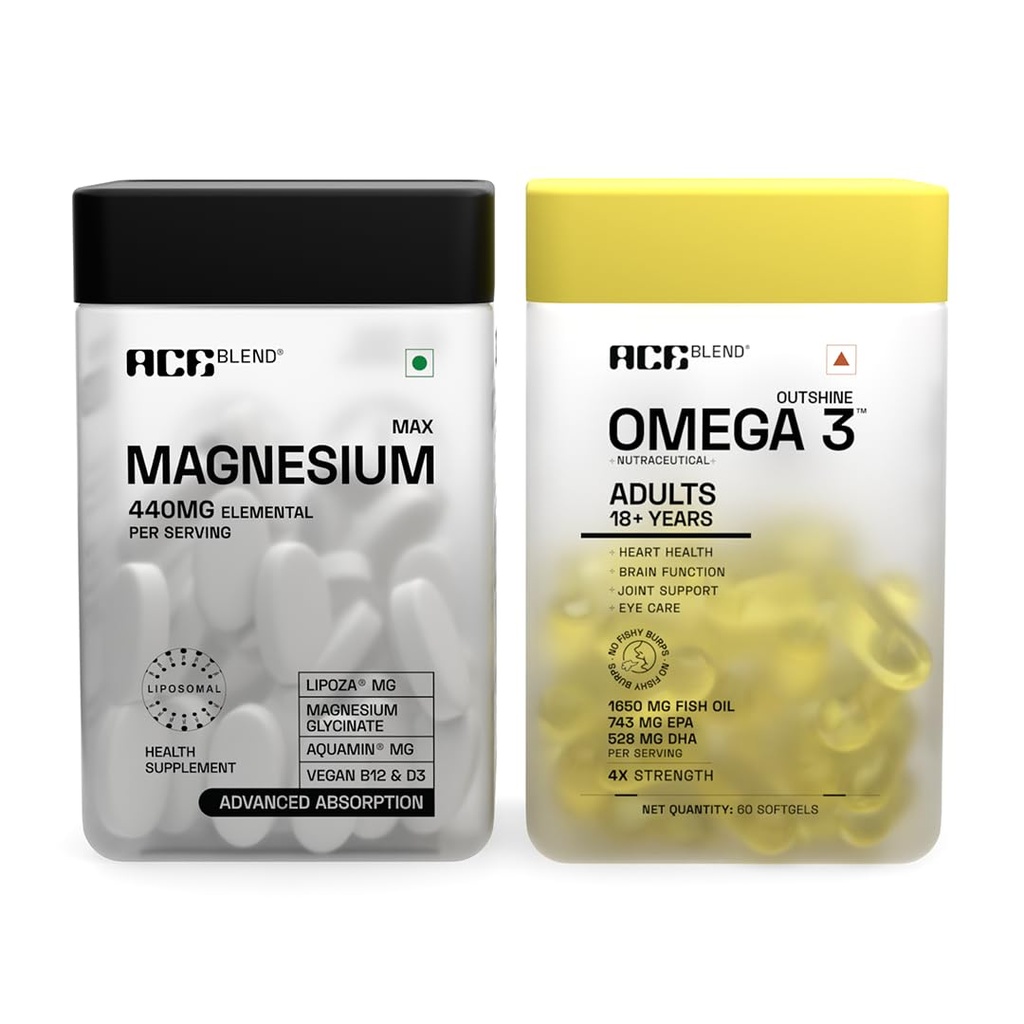 Ace Blend Max Magnesium Tablets 440mg & Outshine Omega 3 Fish Oil Capsules 1650mg for Men & Women | 60 count Each