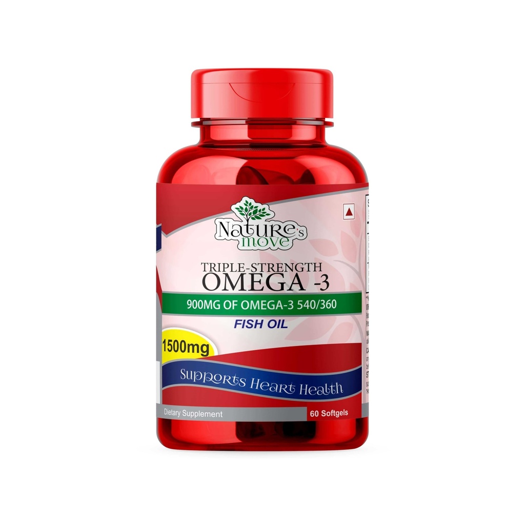 Natures Move Triple Strength Omega 3 Fish Oil 1500mg (60 Softgels) | Burpless DHA for Heart, Brain & Joint Health - For Men & Women