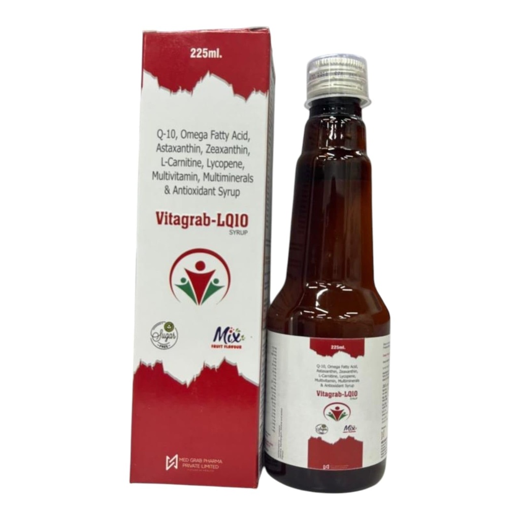LQ 10 Supplement Syrup with Q-10,Omega Fatty Acid,Astaxanthin,L-Carnitne,Lycopene Multivitmin,Multiminerals & Antioxidant Overall Health & Immunity (225 ml) 1 Pic
