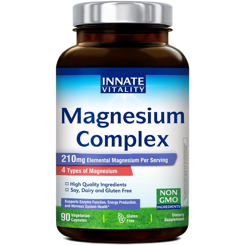 Innate Vitality Magnesium Complex - Magnesium Glycinate, Malate, Citrate, Oxide, 4-in-1 Formula for Energy, Bones & Nerves, Vegan & No Gluten, 90 Capsules