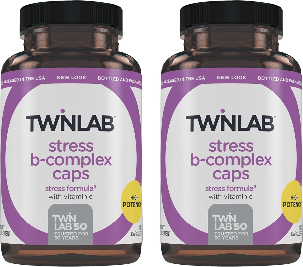 Twinlab Stress B-Complex Caps - Compplex B complet et 1000 mg de vitamine C - Supplément de soutien énergétique avec des capsules de vitamine B12 et B6-100 (paquet de 2)