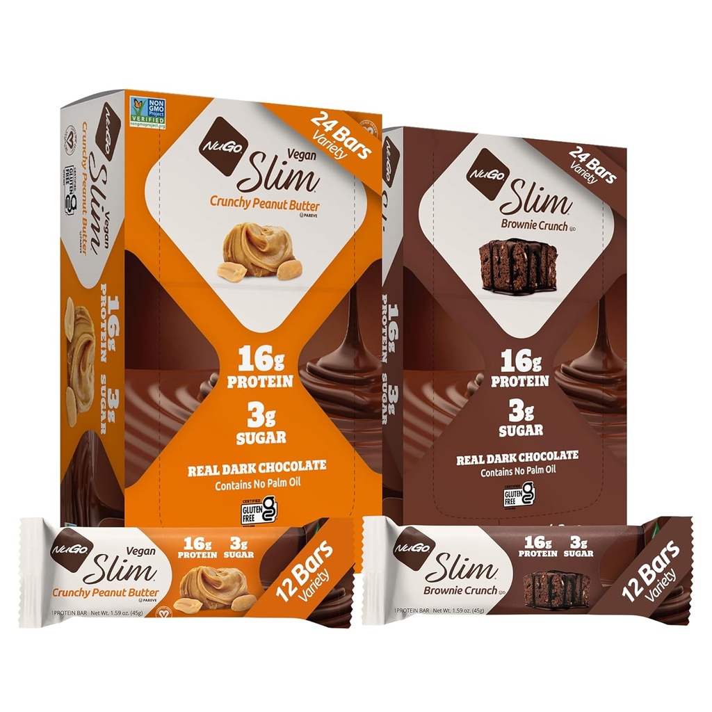 NuGo Slim 24ct Variety - Hrustljavo arašidovo maslo 12 barov & Brownie Crunch 12 barov, 16g beljakovin, Keto prijazno, Gluten brezplačno, 24 števk