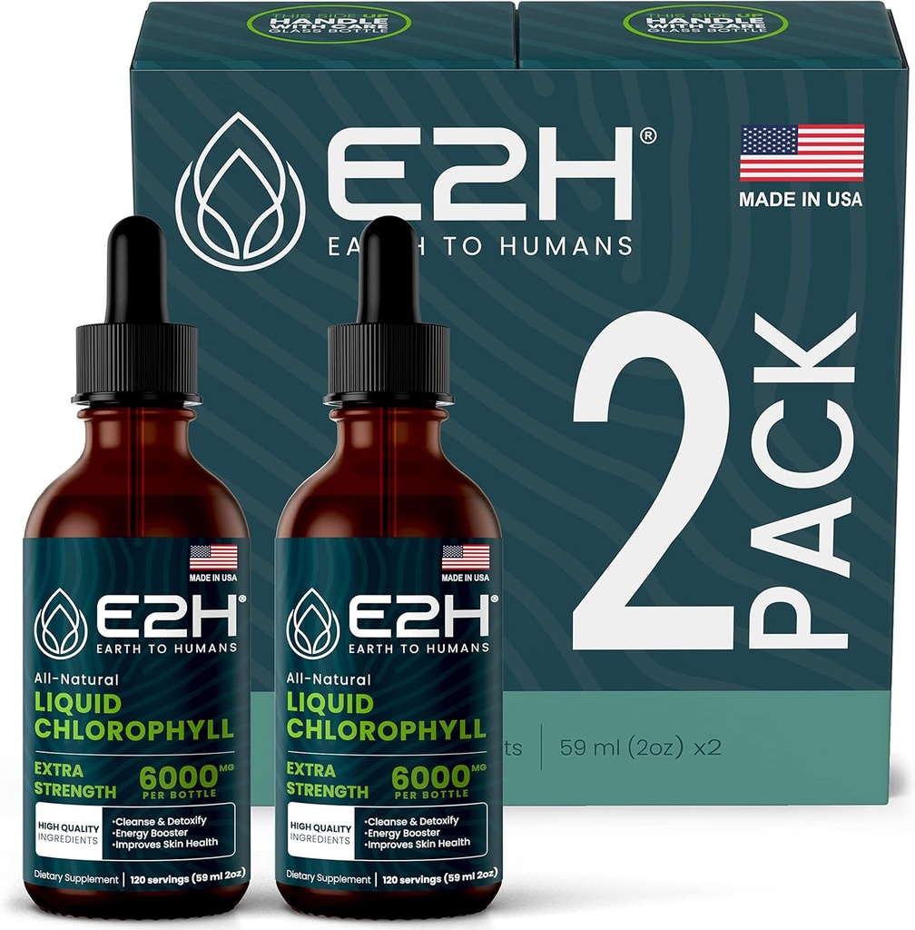 E2H Chlorophyll Liquid Drops - Energy Booster, Digestion, Immune System Support och Internal Deodorant - Vegan - Gluten Free - Non-GMO - (2 flaskor)
