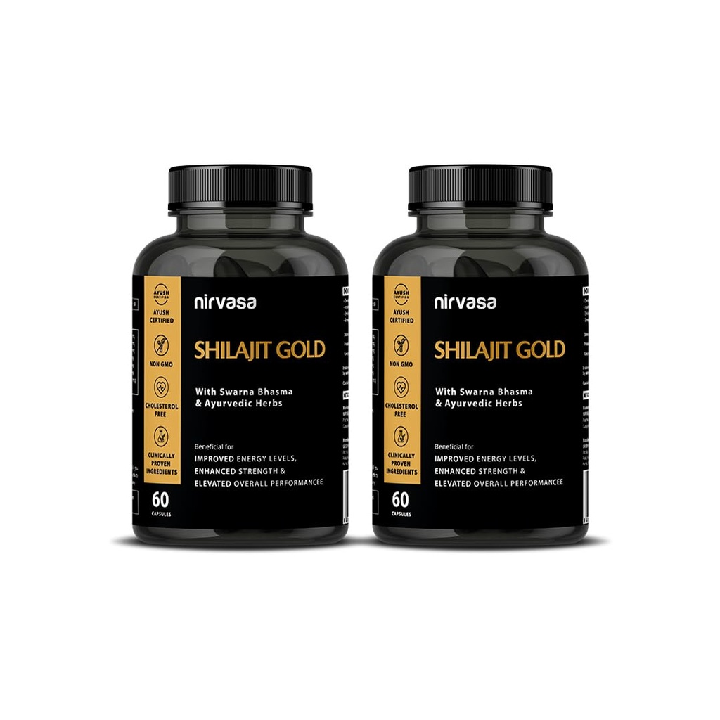 Nirvasa Shilajit Gold Capsules (2x60) | 100% Pure Himalayan Shilajeet with 24K Gold | Boosts Strength, Stamina, Energy & Performance | Vitality & Immunity | Gokshura, Akarkara & Safed Musli – Pack of 2