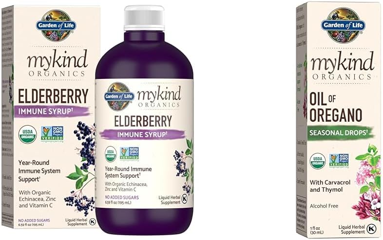 Life Organics Plant-based Elderberry Immune Syrup 6.59 fl oz və Oregano Mövzuları 1fl oz (30 mL) maye