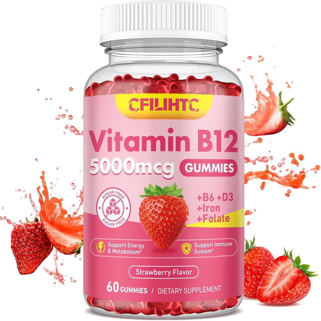 Vitamin B12 Gummies pro ženy a muže, 5000mcg Methyl B12 Gummies s vitaminem B6, D3, Železo, Folát pro dospělé, Podporuje Energy & Metabolismus Boost, Mood, imunitní a nervový systém, Bezcukrová jahoda